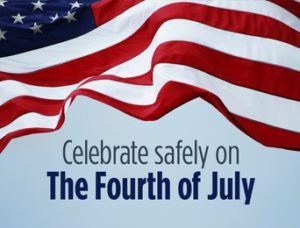 Mark Roemer image of an American flag with the words Celebrate safely on the fourth of July below it.