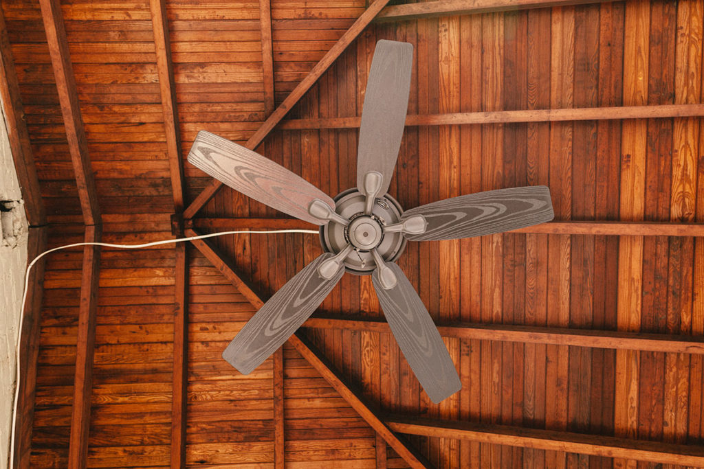 Mark Roemer image of a wood ceiling and a ceiling fan