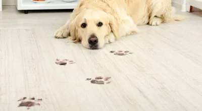 Mark Roemer image of a dog on a floor with muddy footprints