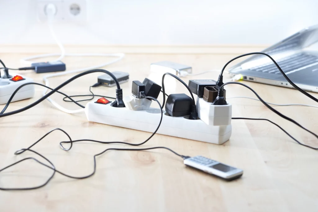 Mark Roemer Oakland image of a lot of plugs plugged into a single power strip.