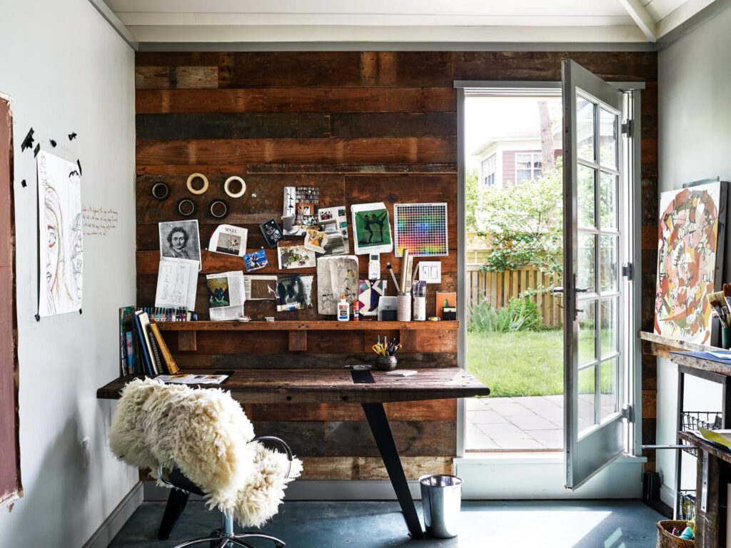 Mark Roemer Oakland image of a detached garage transformed into a work from home office space.
